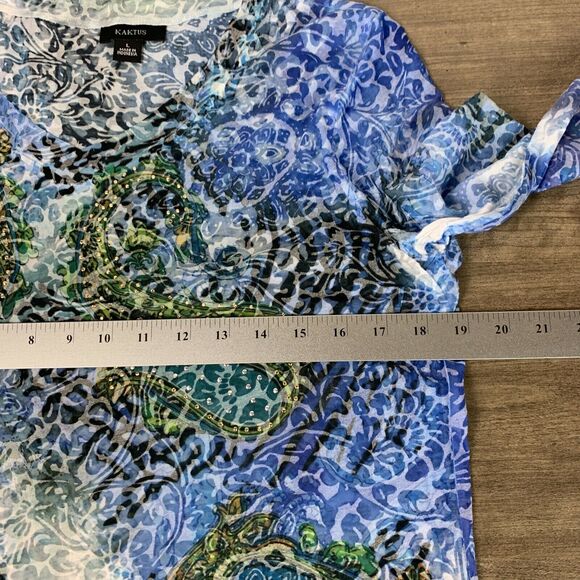 Kaktus Women's Top Size Large Studded Blue 3/4 Sleeve Shirt V-Neck Lightweight - Picture 4 of 8